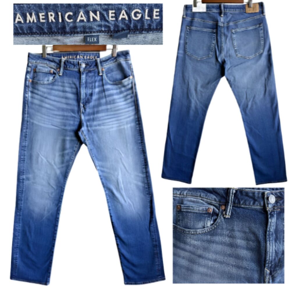 NWT American Eagle Men's Relaxed Straight Flex Jeans Blue Medium Wash Size 32x34